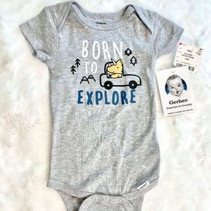 Gerber Gray Onesie "Born to Explore" Dino Mountain Trees 6-9M  - New With Tags